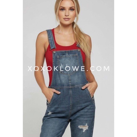 POL Retro 90’s Denim Overalls | Distressed Dark Wash Grunge - Picture 3 of 8